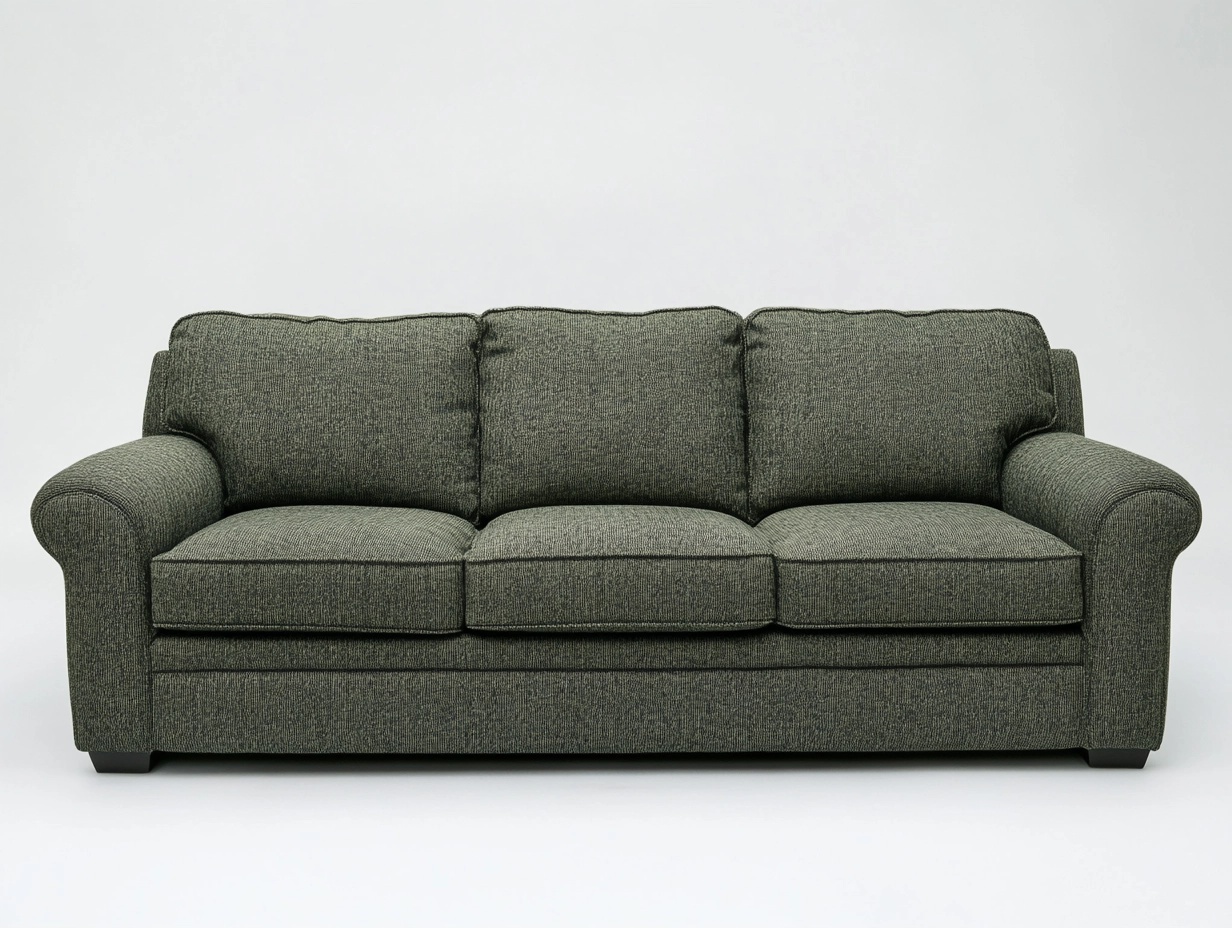 Sofá tapizado en gris oscuro de tres plazas para sala de estar estilo moderno 220x90x88 cm con brazos redondeados y cojines extraíbles TV7481553